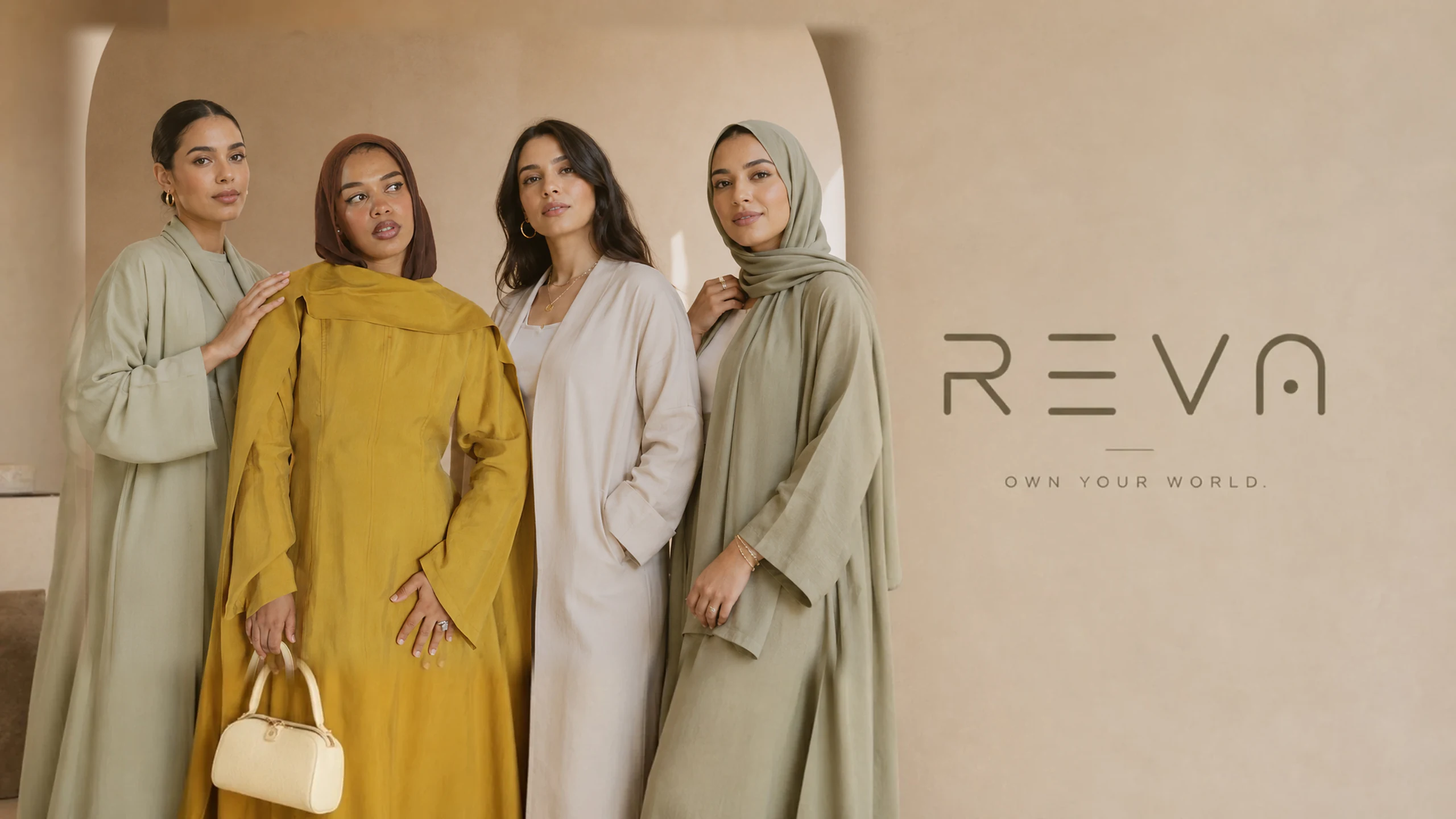 Four models in sage, ochre and stone linen abayas in a sunlit Marrakech archway